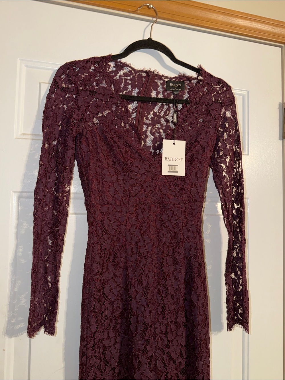Bardot Long Sleeve Lace Burgundy Midi Dress